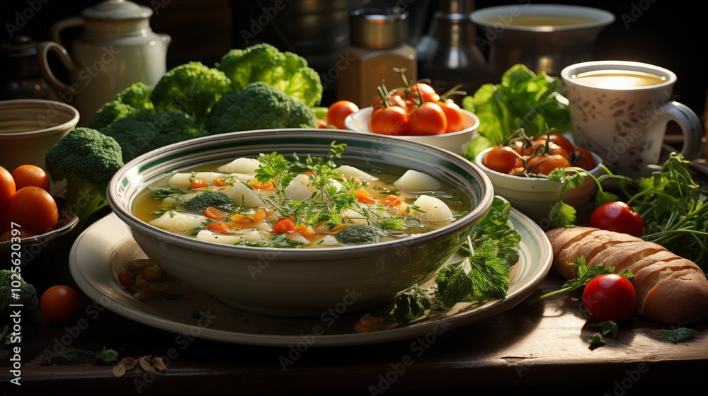 Fresh Vegetable Soup Served in Cup with Plate