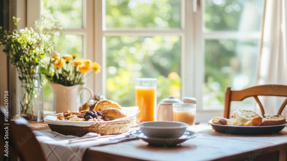 Breakfast Table Setting with Bread, Fruit, Juice, and Coffee Breakfast Table Setting with Bread, Fruit, Juice, and Coffee