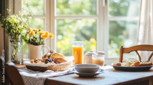 Wallpaper Mural Breakfast Table Setting with Bread, Fruit, Juice, and Coffee Torontodigital.ca