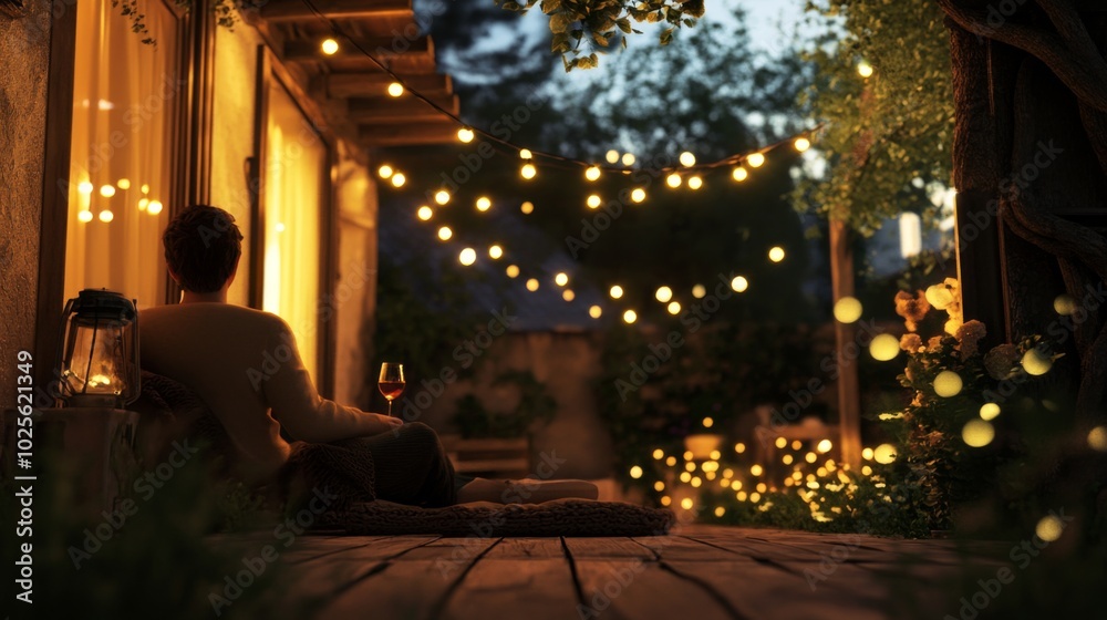 A lone person sits on a wooden deck at night, enjoying a drink and the warm glow of string lights. A lone person sits on a wooden deck at night, enjoying a drink and the warm glow of string lights.