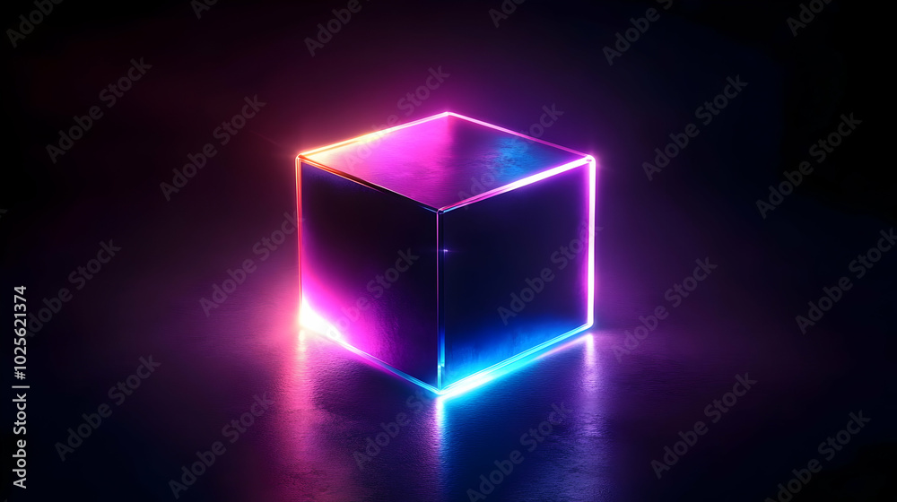 3D Render of a Glowing Cube with Pink and Blue Neon Lights on a Dark Background 3D Render of a Glowing Cube with Pink and Blue Neon Lights on a Dark Background