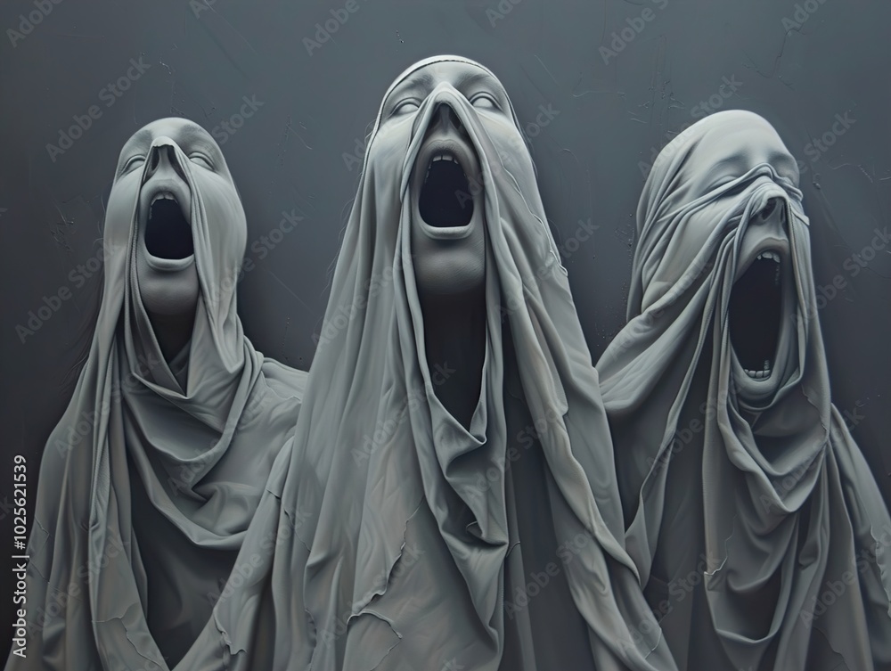 Three Figures Covered in Veils, Screaming in Silence Three Figures Covered in Veils, Screaming in Silence