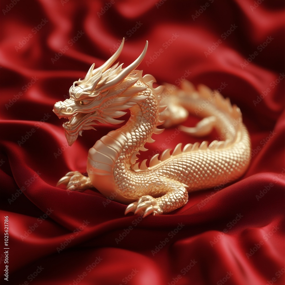 Obraz premium A golden dragon figurine resting on a red silk background