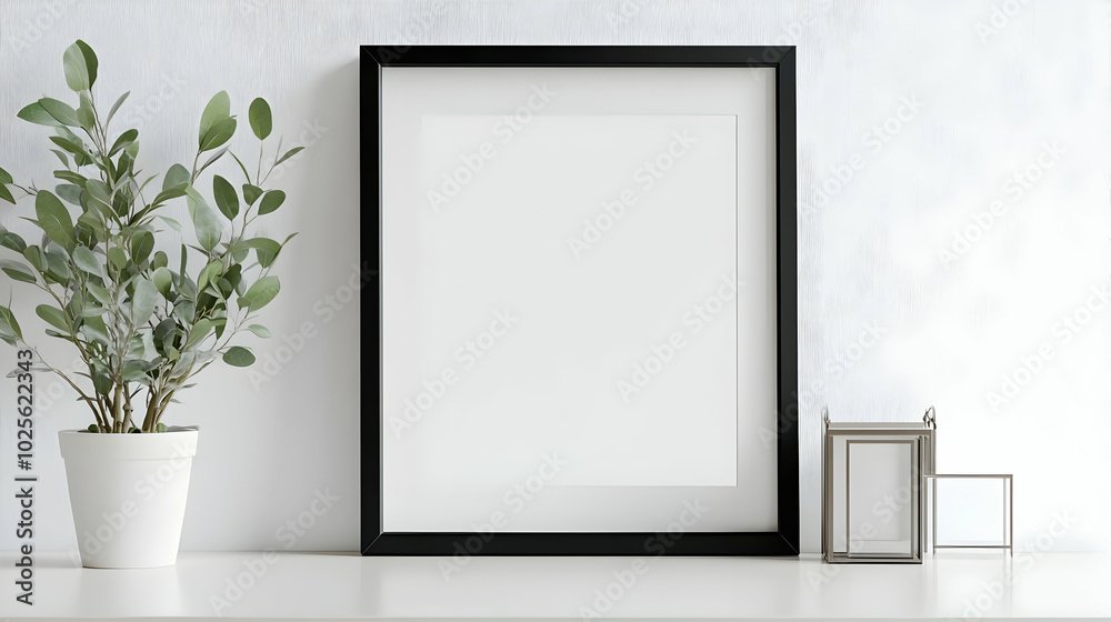 Black Frame with White Mat on Shelf Beside Potted Plant and Silver Frames