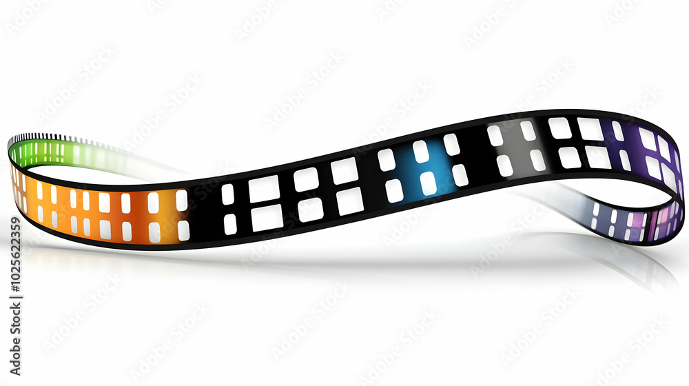 Fototapeta premium A Colorful Film Strip Curved on a White Background, Representing Movie Production and Cinema