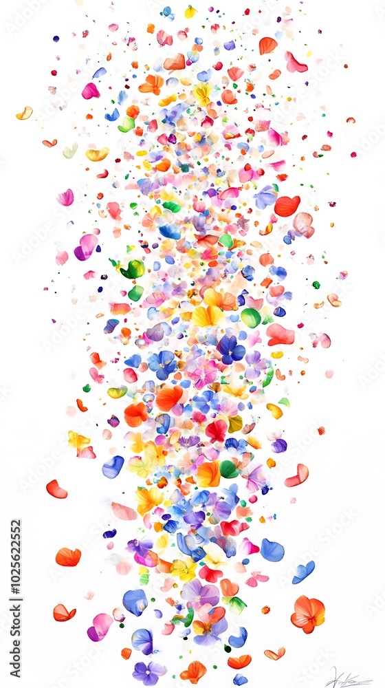 A vibrant cascade of colorful flower petals falling against a white background A vibrant cascade of colorful flower petals falling against a white background