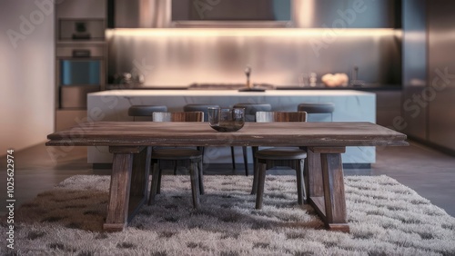 A wooden table with chairs and a chair that says no one is sitting at the top of it.