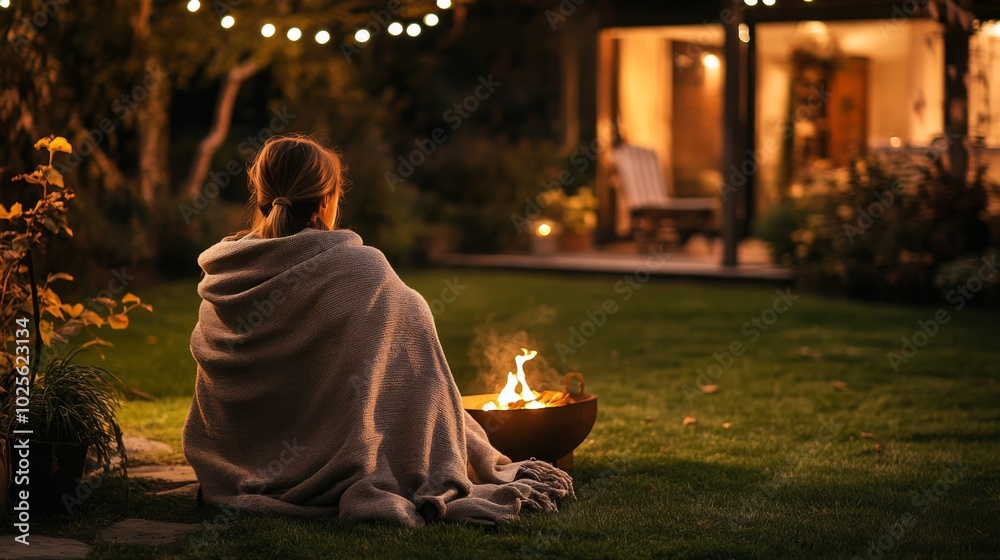 Woman Wrapped in a Blanket by a Fire Pit in a Backyard at Night