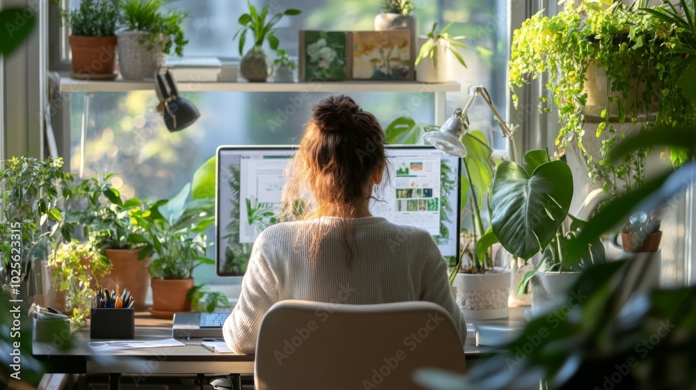 Woman working at a desk with a computer in a sunlit room surrounded by houseplants Woman working at a desk with a computer in a sunlit room surrounded by houseplants