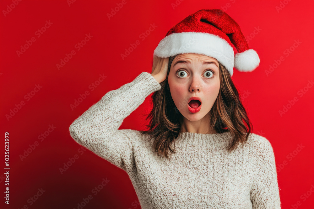 Woman in santa hat makes a funny face, festive and playful expression. Woman in santa hat makes a funny face, festive and playful expression.