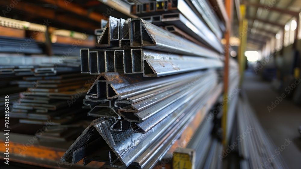 Stacked Steel Angle Iron in a Warehouse Stacked Steel Angle Iron in a Warehouse