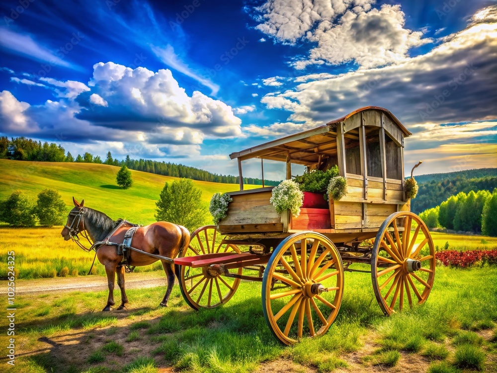 Rustic Horse Buggy in Scenic Landscape: Perfect for Country Living, Vintage Style, and Outdoor Adventures in Nature Rustic Horse Buggy in Scenic Landscape: Perfect for Country Living, Vintage Style, and Outdoor Adventures in Nature