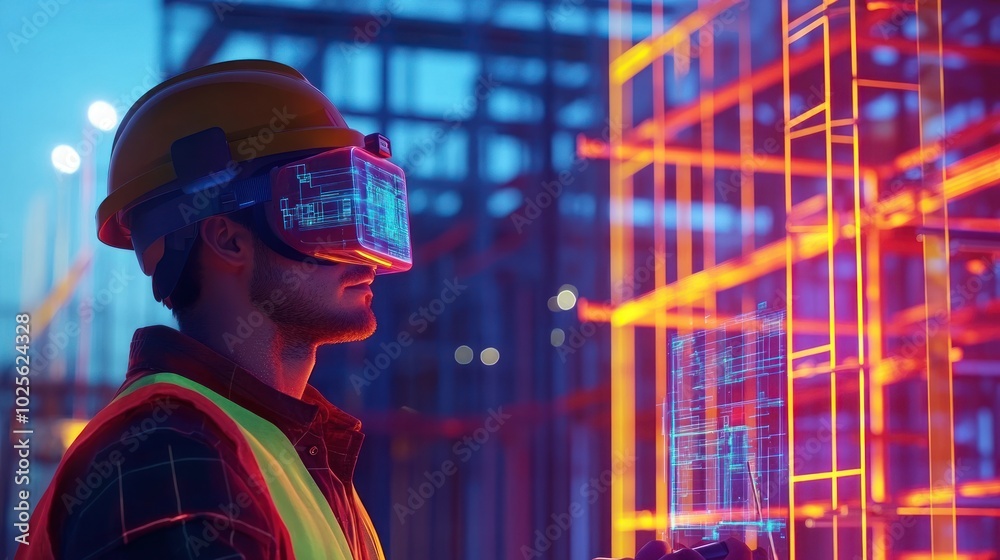 A cutting-edge digital construction worker (using AR/VR) scene, featuring workers wearing augmented reality glasses or VR headsets, interacting with 3D blueprints and real-time project simulations A cutting-edge digital construction worker (using AR/VR) scene, featuring workers wearing augmented reality glasses or VR headsets, interacting with 3D blueprints and real-time project simulations