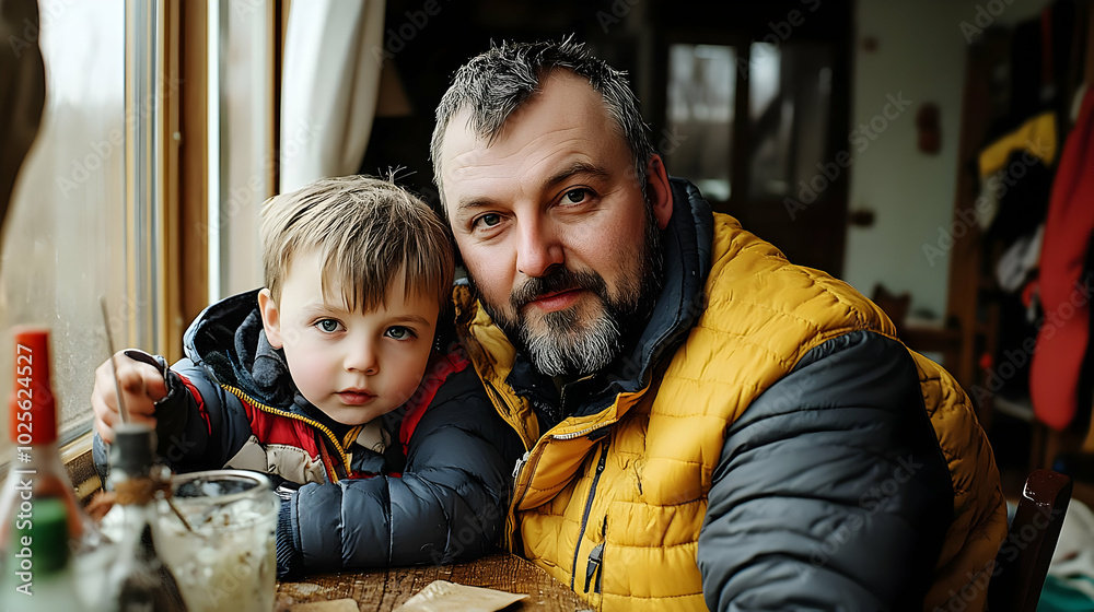 A father and his young son sit at a table near a window, the father wears a yellow and black puffer jacket and the son wears a blue and red jacket, a close-up photo of the father and son. A father and his young son sit at a table near a window, the father wears a yellow and black puffer jacket and the son wears a blue and red jacket, a close-up photo of the father and son.