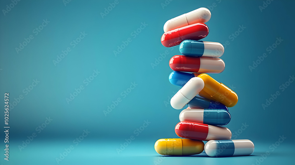 A Stack of Colorful Capsules Against a Blue Background, A 3D Rendered Still Life Image of Medication A Stack of Colorful Capsules Against a Blue Background, A 3D Rendered Still Life Image of Medication