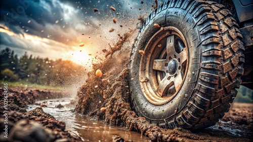 A rugged tire churns through muddy terrain, leaving a trail of water and earth in its wake, as the golden rays of the setting sun illuminate the scene.