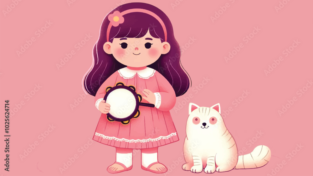 a flat illustration of a little girl playing a tambourine accompanied by a Persian cat a flat illustration of a little girl playing a tambourine accompanied by a Persian cat