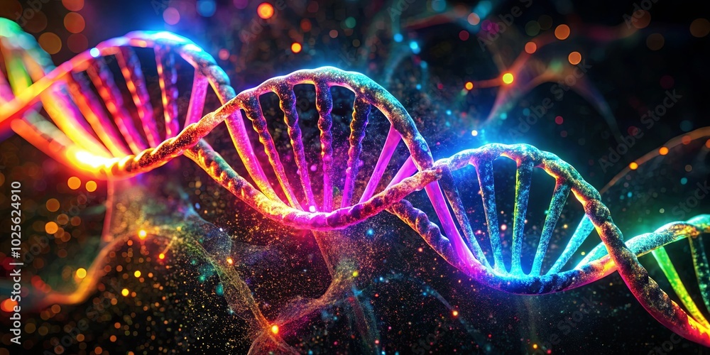 A vibrant double helix of life, glowing with spectral energy, amidst a cosmic dance of swirling particles and distant light. A vibrant double helix of life, glowing with spectral energy, amidst a cosmic dance of swirling particles and distant light.