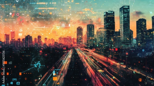 A data technology background for smart cities, displaying a vibrant cityscape with digital layers of data visualizations, IoT connections, and smart infrastructure in dynamic urban settings