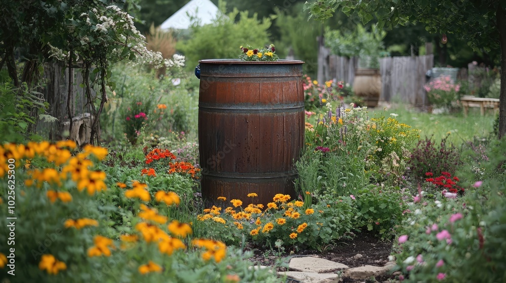 A rainwater barrel, set up in a garden for sustainable watering A rainwater barrel, set up in a garden for sustainable watering