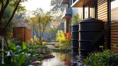 A rainwater harvesting system, collecting water from rooftops into storage tanks