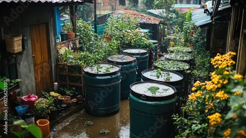 A rainwater harvesting system, collecting water from rooftops into storage tanks