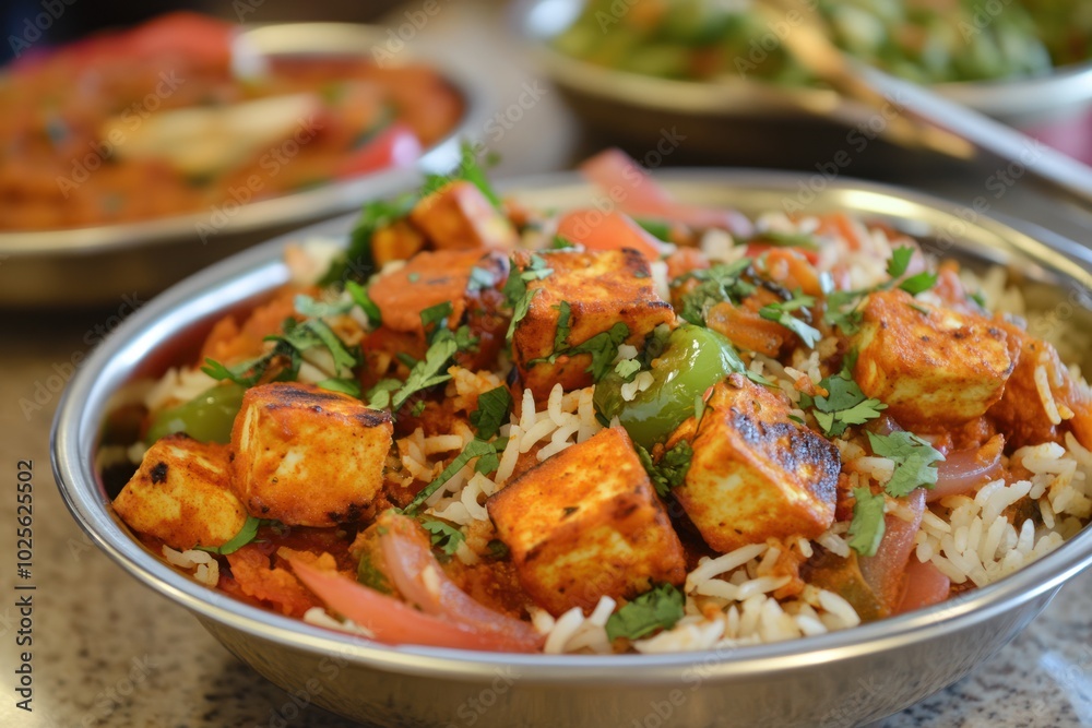 A delicious assortment of vegetarian Indian food, including paneer tikka, dal, and vegetable biryani, with aromatic spices wafting from each dish A delicious assortment of vegetarian Indian food, including paneer tikka, dal, and vegetable biryani, with aromatic spices wafting from each dish