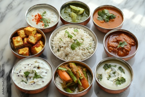 A delicious assortment of vegetarian Indian food, including paneer tikka, dal, and vegetable biryani, with aromatic spices wafting from each dish