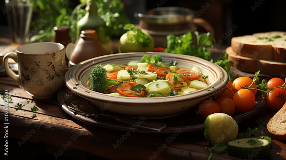 Savory Vegetable Soup Presented in a Cup with Plate Savory Vegetable Soup Presented in a Cup with Plate