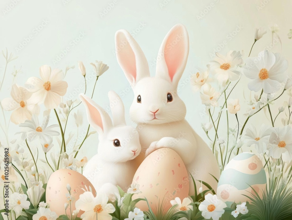 Adorable Bunnies Nestled in a Springtime Wonderland with Easter Eggs Adorable Bunnies Nestled in a Springtime Wonderland with Easter Eggs