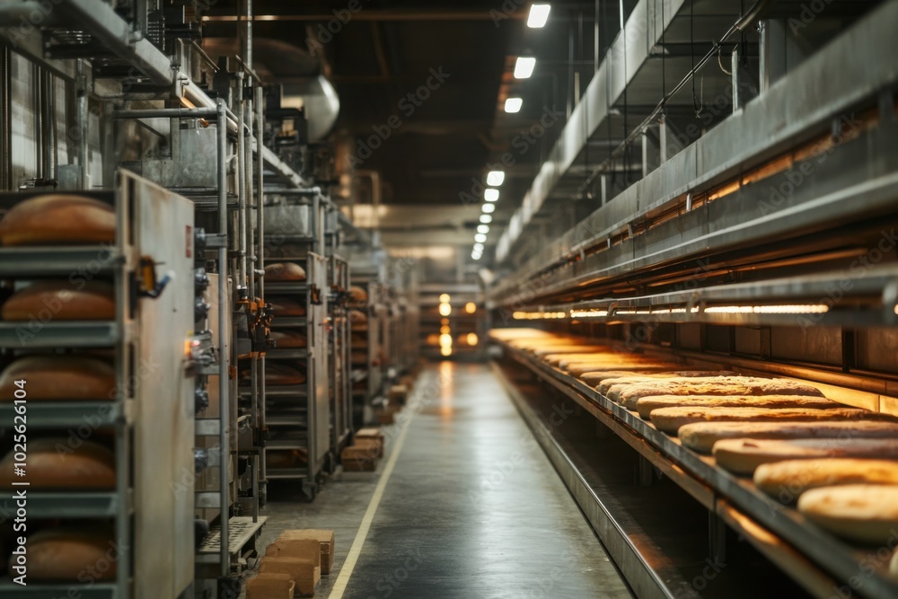 Industrial bakery with rows of ovens, with copy space Industrial bakery with rows of ovens, with copy space