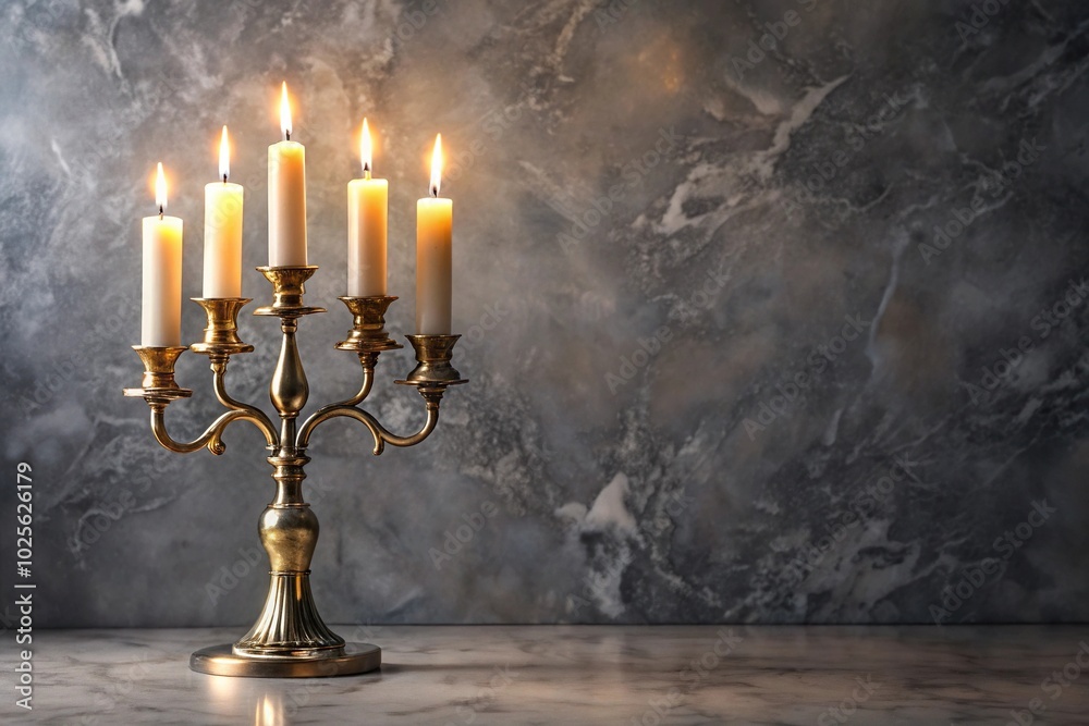 Elegant candlestick with burning candles on gray marble table Medium Shot Elegant candlestick with burning candles on gray marble table Medium Shot