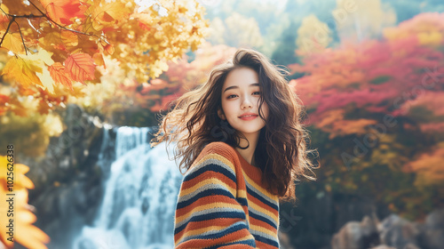 
A beautiful portrait of a young woman standing in front of a waterfall during autumn, with her hair gently blowing in the breeze. She is wearing a cozy striped sweater and smiling softly at the camer photo