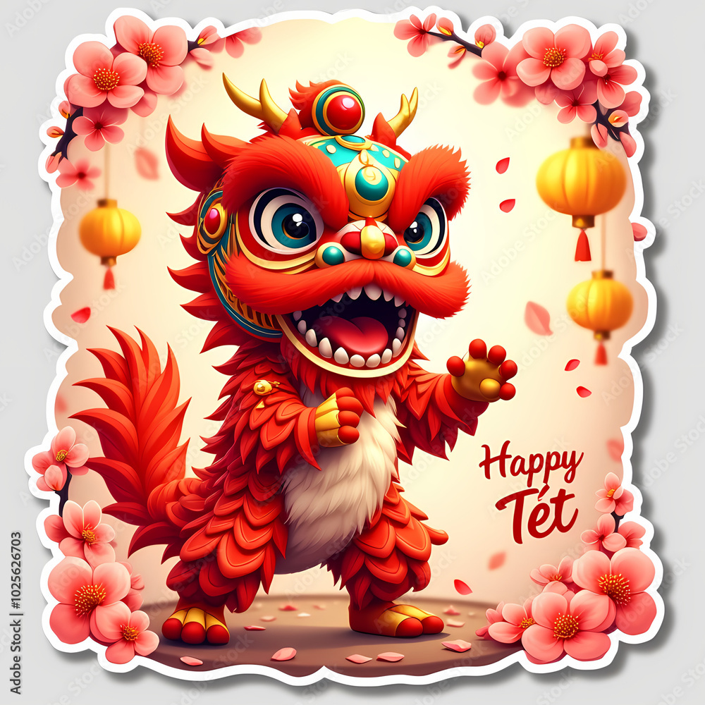 Tet lion dance in cherry blossom frame with festive lanterns Tet lion dance in cherry blossom frame with festive lanterns