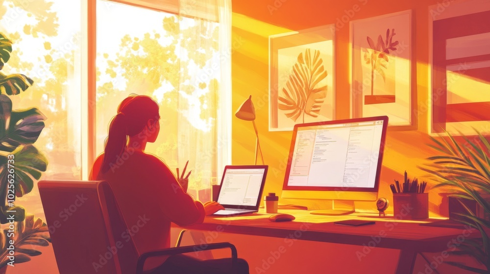 Woman working on a laptop and a desktop computer in a room with a window.