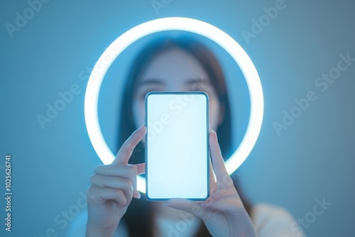 Influencer holding blank social media post, with copy space