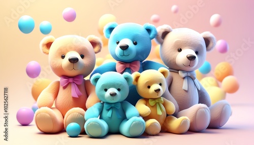 Plush teddy bears in a variety of colors creating a cheerful display