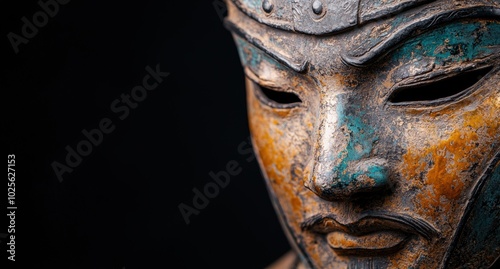 Close-up of an ancient bronze statue with intricate details