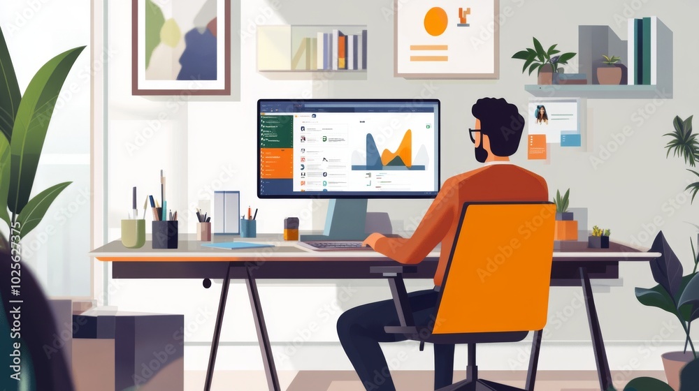 Man working on a computer with data analysis software in a modern office. Man working on a computer with data analysis software in a modern office.