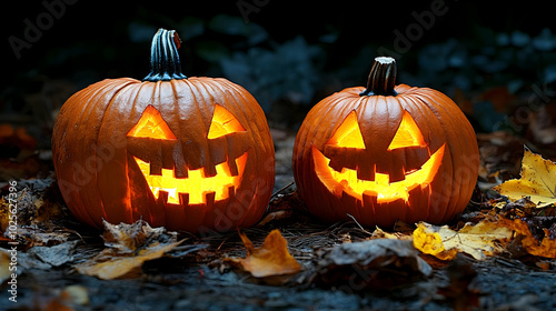 Two Carved Pumpkins Glowing with Light in a Forest Setting with Autumn Leaves