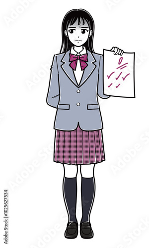 気まずい表情で0点の答案用紙を持つブレザーの女子高生（シンプル）