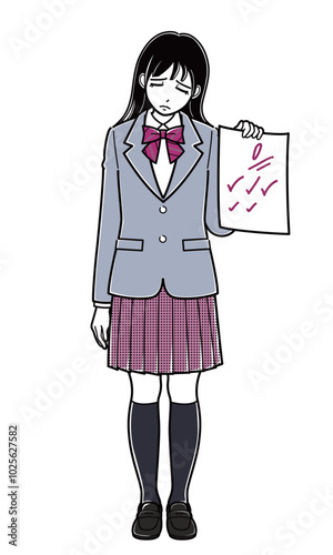 0点の答案用紙を持ってうなだれるブレザーの女子高生（シンプル）