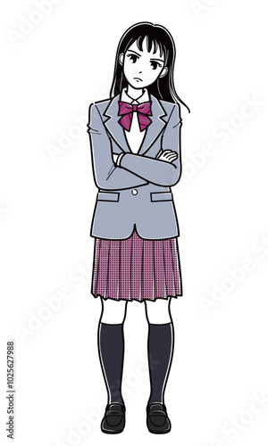 怒った表情で腕組みして立つブレザーの女子高生（シンプル）