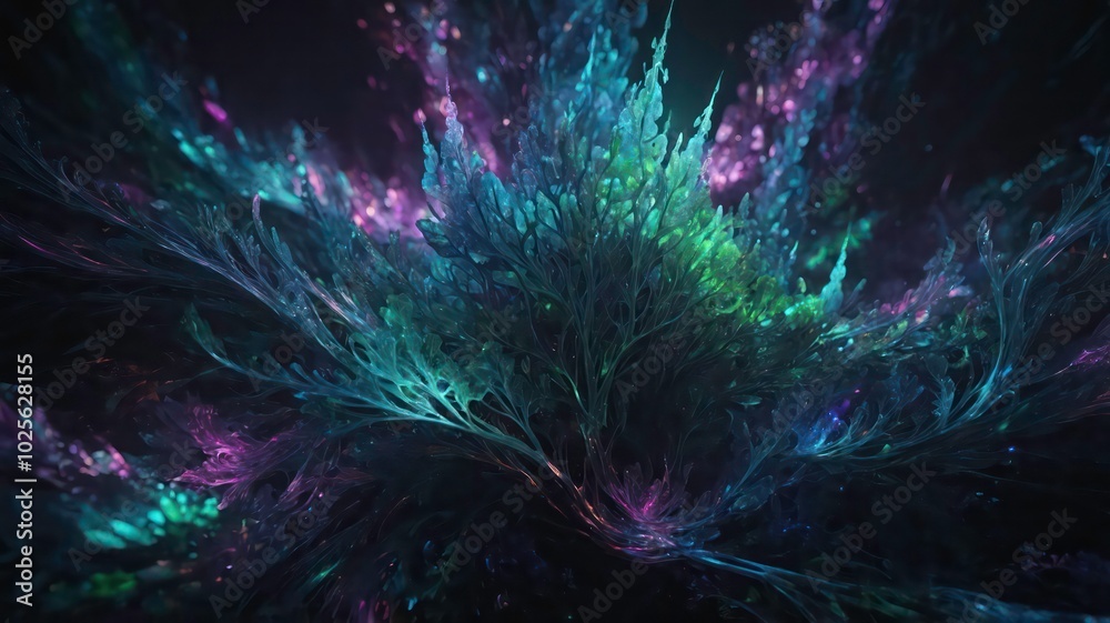 Fototapeta premium An abstract digital landscape of fractal shapes and glowing particles, forming a futuristic and otherworldly background