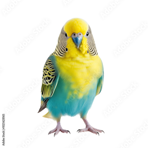 Colorful parakeet stands on a white surface, showcasing bright feathers and curious expression
