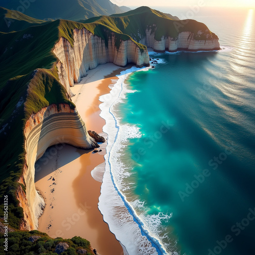 Awe-inspiring aerial of turquoise ocean, white sandy shore, and cliffs at sunset glow with Generative AI