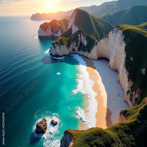 Golden sunset illuminates turquoise waters, white sandy beach, and towering cliffs from above with Generative AI