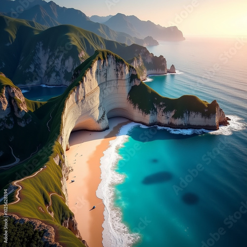 Aerial shot of turquoise waves crashing against white shore, surrounded by majestic cliffs with Generative AI