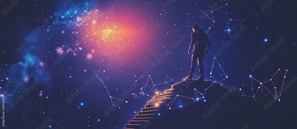 Man Standing on Staircase Reaching for the Stars Man Standing on Staircase Reaching for the Stars