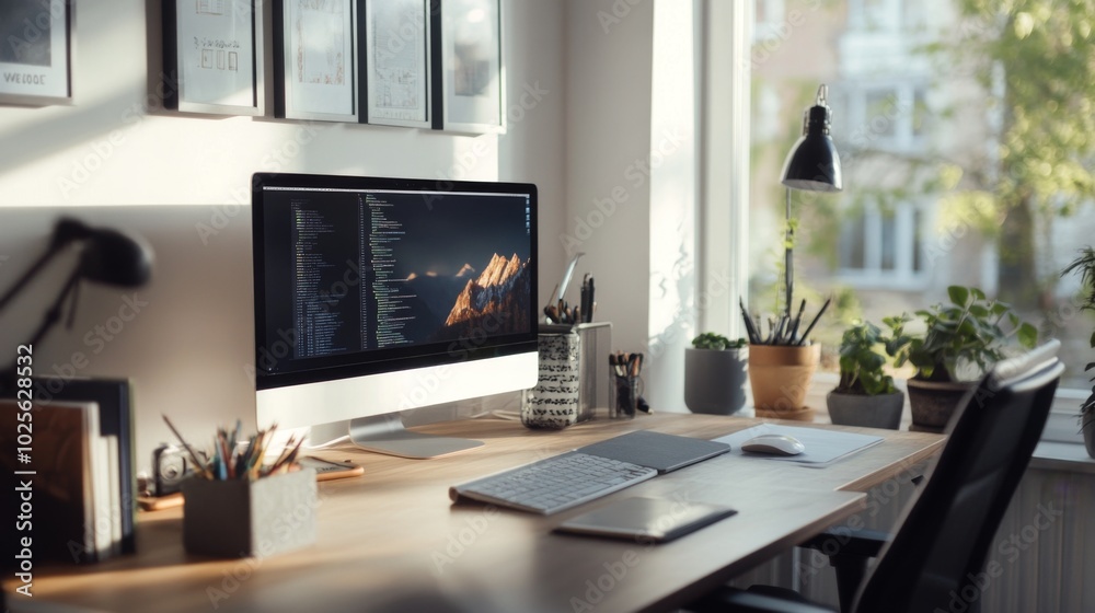 A Computer Workstation With A Mountain Landscape On The Screen A Computer Workstation With A Mountain Landscape On The Screen